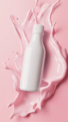 Yogurt splash with bottle mockup on light pink background