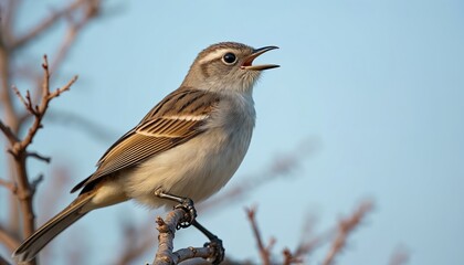 Obraz premium Barred warbler Sylvia nisoria sings perched on thin tree branch. Beautiful songbird with open beak. Ornithology, wildlife eco photo, nature beauty. Focus on head.