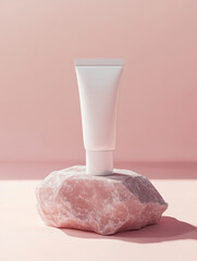 A mockup of a white tube of cream, a cosmetic product, stands on a rose quartz, creating a minimalist aesthetic