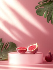 Fresh pink figs displayed on a round podium with tropical leaves in a bright, minimalist setting