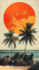 Vibrant sunset over tropical beach with palm trees by the ocean. Retro style collage.