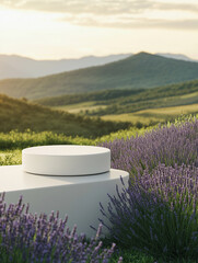 The white product display podium is set in a lavender field against a backdrop of picturesque mountains.