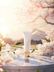Mockup of a white tube with cream, surrounded by cherry blossoms and soft sunlight creates an enchanting atmosphere
