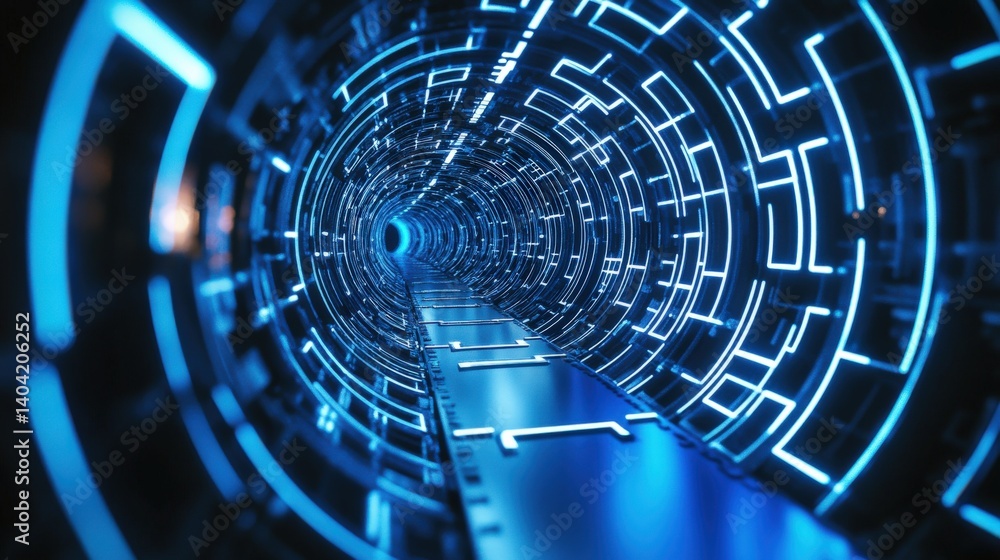 Poster futuristic tunnel with glowing blue lines, creating a sense of depth and motion
