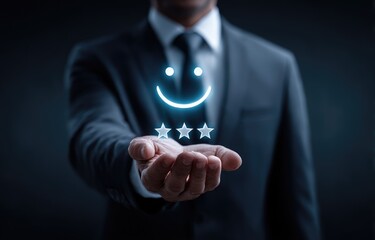 Businessman Presenting Digital Smiley Face And Stars