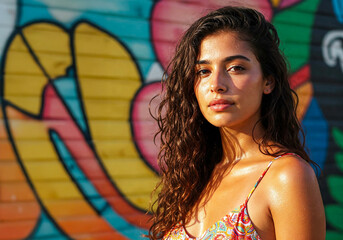 Confident Young Woman Posing Against Colorful Street Art
