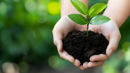 Cupped Hands Gently Holding a Small Green Plant With Dark Soil Against Blurred Green Foliage