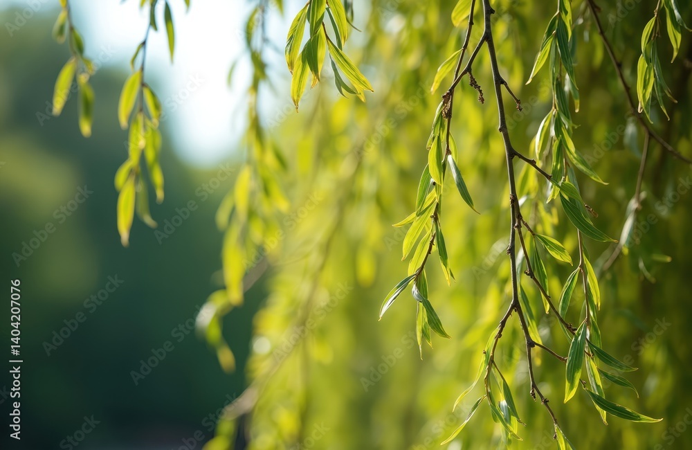 Aufkleber willow tree branches with narrow green leaves in sunlight. natural background with blurred leaves, g