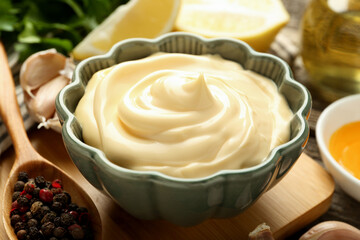 Delicious mayonnaise sauce in bowl and ingredients on table, closeup