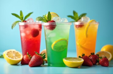 Colorful lemonades in transparent plastic cups with ice, fruits, berries on blue background. Fresh drinks, beverages, cold summer cocktails, juice. Strawberry, lemon, lime, mint garnishing.