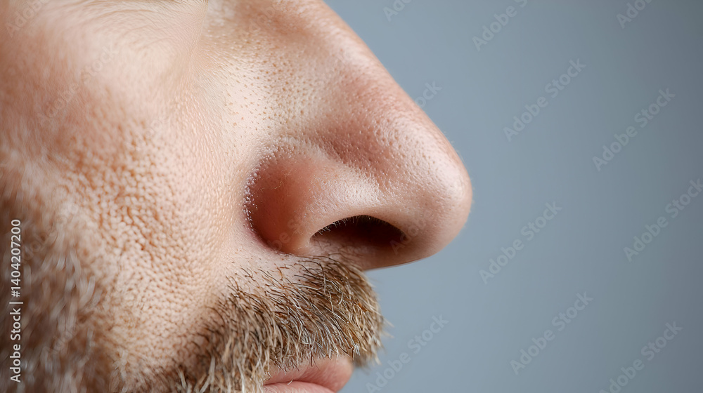 Poster close-up profile view of a man's nose and part of face against a grey background