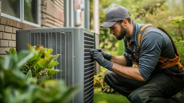 A male worker performs maintenance on an outdoor air conditioner