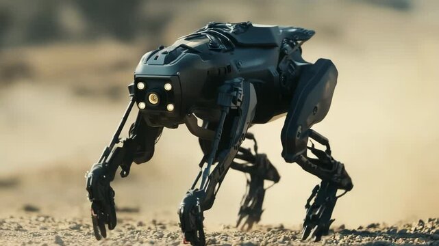 A technological robot dog runs through the sand, a versatile ground platform for military and civilian tasks