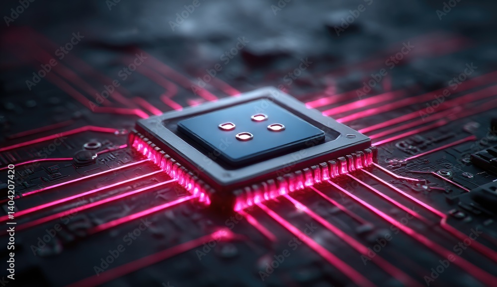 Poster close up high tech cpu chip on circuit board with pink glowing circuitry