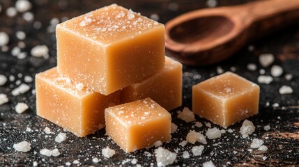 Stacked caramel squares sprinkled with sea salt, next to wooden spoon