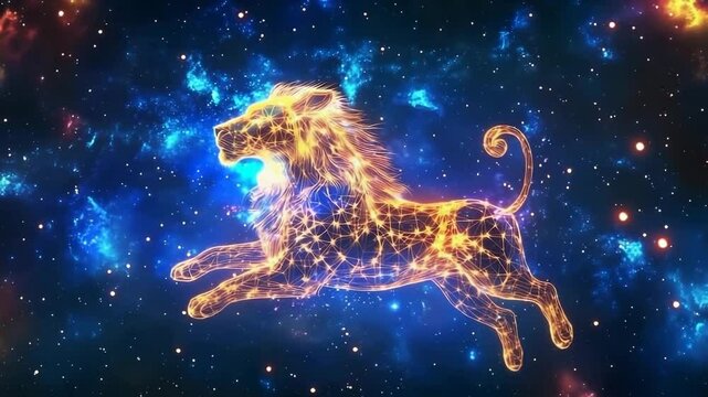 Radiant Leo zodiac lion glowing with starlight in space