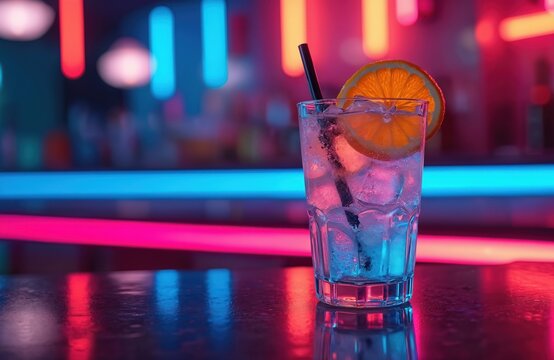 Cocktail glass with ice cubes orange slice black straw on reflective bar surface, night club background with neon lights. Nightlife party, cocktail bar theme. Party beverage concept for advertising