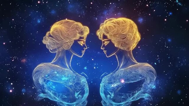 Celestial Gemini twins made of glowing stars in the universe