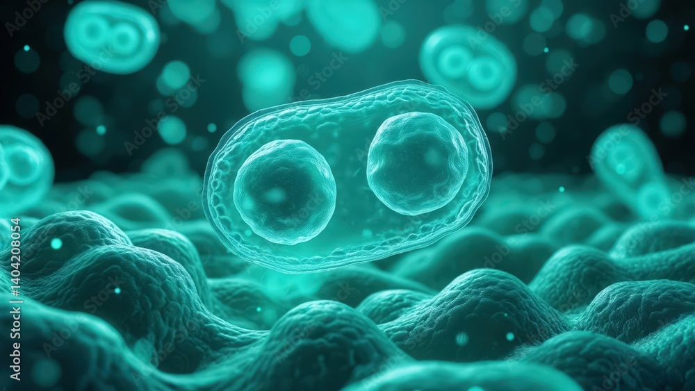 Poster microscopic view of cell division process showing mitosis with two nuclei in a glowing teal environm