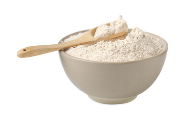 Brown rice flour and spoon in bowl isolated on white