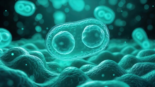 Microscopic view of cell division process showing mitosis with two nuclei in a glowing teal environment