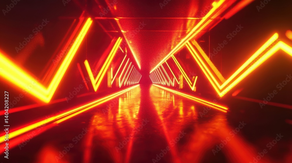 Poster illuminated v-shaped structures creating an endless tunnel with glowing reflections
