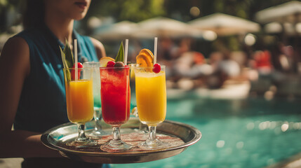 Female bartender serving tropical cocktails near pool