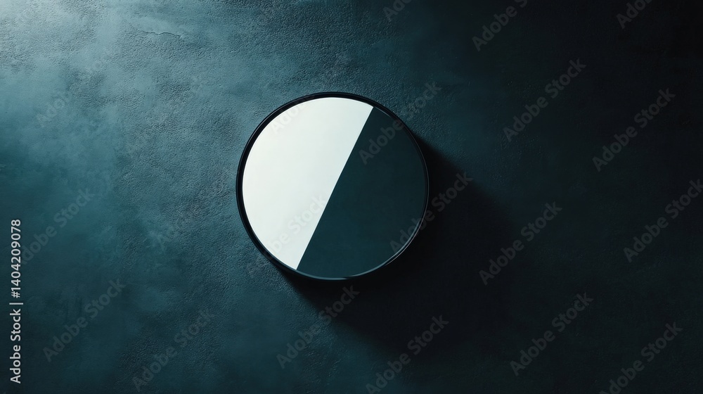 Poster minimalist circular mirror casting shadows on a textured dark wall, creating a serene atmosphere