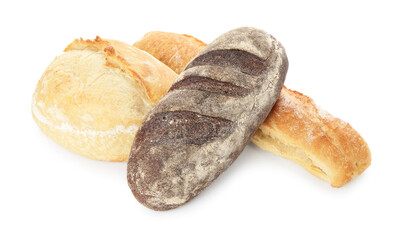 Different loaves of freshly baked bread isolated on white