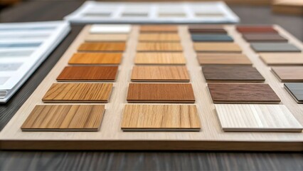 bespoke interior design services concept Colorful wood samples displayed on a table, showcasing various textures and finishes for design projects.