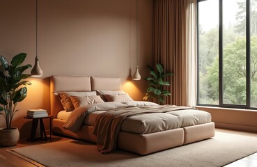 Modern bedroom interior in mocha mousse color scheme. Minimalist interior features bed, side table, large window with forest view. Cozy, comfortable space for relaxation, home decor, relaxation.