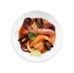 Delicious seafood soup in bowl isolated on white, top view