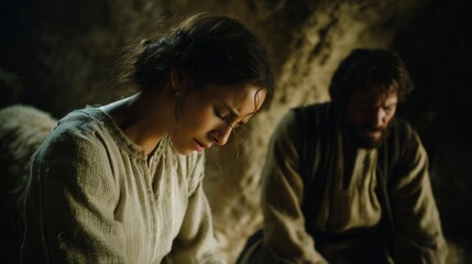 Obraz premium Virgin Mary on a ancient cave on a bible scene