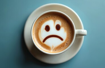 Top-down view of coffee mug with sad smiley face on foam. Coffee art, latte art. Depressive, melancholic mood, evokes sadness. Perfect illustration for cafe menu, business concept social media post.