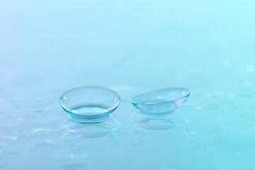 Pair of contact lenses and water drops on blue gradient mirror surface, closeup