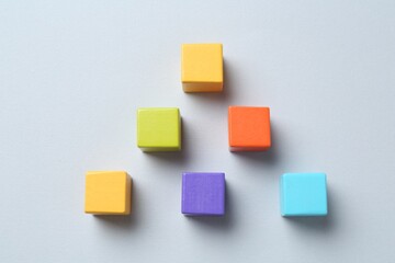 Family tree made with colorful cubes on light grey background, top view