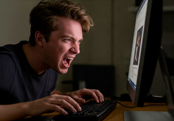 Angry man screaming at computer monitor while typing. Online haters and aggressive comments