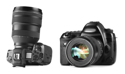 Photo camera isolated on white, collage. View from different sides