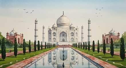 Obraz premium Watercolor Depiction of the Taj Mahal Reflecting in the Central Pool