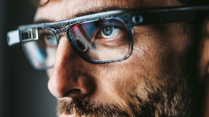 Intimate view of a man's eye behind smart glasses, highlighting modern tech's potential.