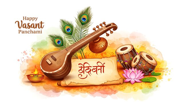 Celebratory composition for Vasant Panchami festival, featuring musical instruments and traditional elements