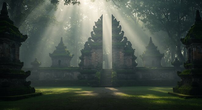 Mystical Bali: Sunlight Piercing Through Ancient Temple Gateways and Verdant Foliage