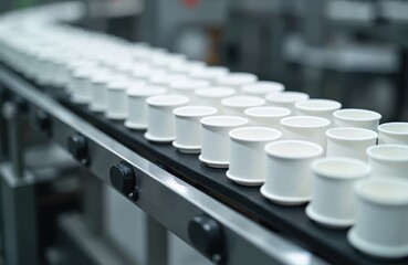 Obraz premium Production line paper cups conveyer belt. Manufacturing process of disposable coffee tea cups. Coffee cup manufacturing machine. Production of goods for sale cafe, eatery.