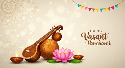 Elegant Vasant Panchami greeting card with musical instrument and floral accents