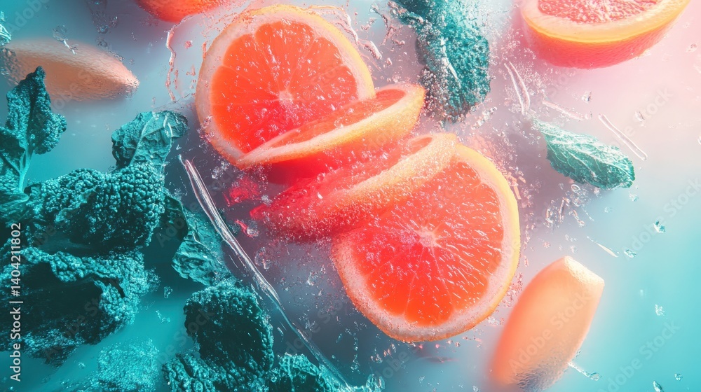 Poster vibrant slices of orange splashing in sparkling water with colorful background effects