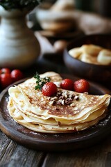 Rustic Crepes with Chocolate and Strawberry on Dark Wooden Table