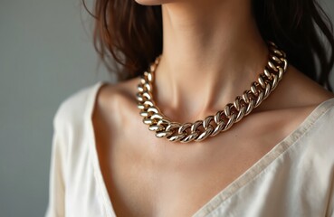 Beautiful brunette model wears modern golden metal chain necklace. Elegant gold jewelry on neck. Fashion accessory, bijouterie design for female. Luxurious portrait with beautiful skin. Stylish