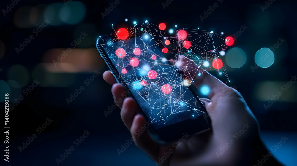 Poster human hand holding smartphone with network connections data visualization overlay in dark environmen
