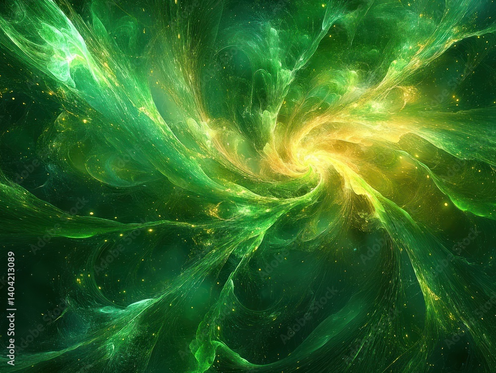 Poster high energy green plasma field in abstract space with glowing fractal patterns