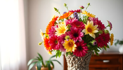 vase filled with lots of colorful flowers